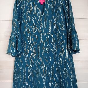 Lilly Pulitzer Teal Gold Metallic Silk Blend Bell Sleeve Tunic  Sm Dress